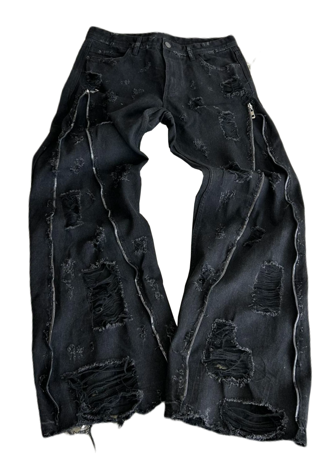 black distressed zip jeans